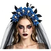 Kokoma Halloween Black Veil with Skull Flower Crown | Day of the Dead Style, Halloween Costume Cosplay Party, Dark Floral Headdress, Women's Hair Accessory,