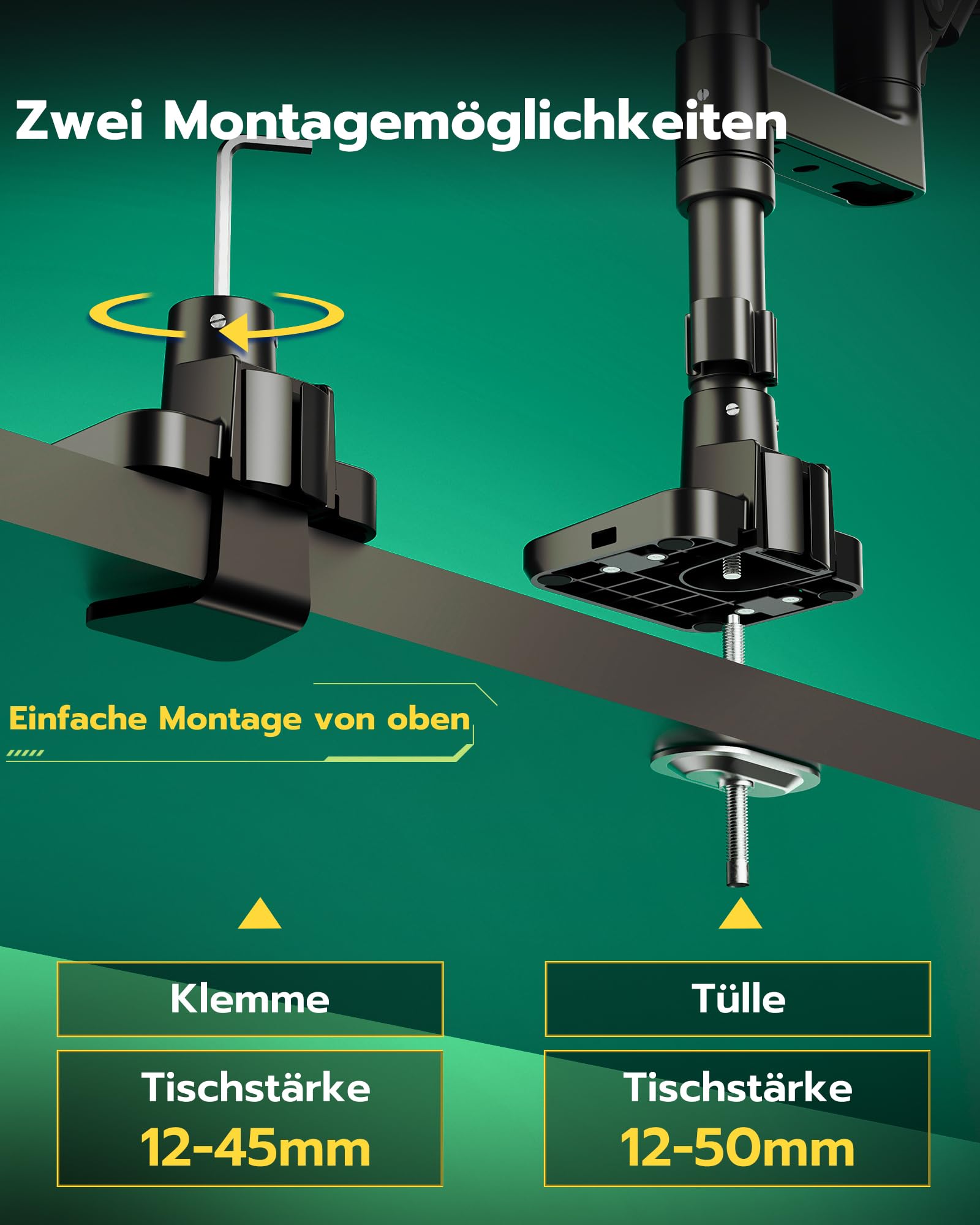 ARES WING Monitorhalterung 2 Monitore übereinander für 17-49 Zoll Flach & Curved Bildschirme, dual Monitor Halterung mit Gasfeder und USB A/C Port, Höhenverstellbar, Gewicht 2-20kg/arm,VESA 75 & 100 6