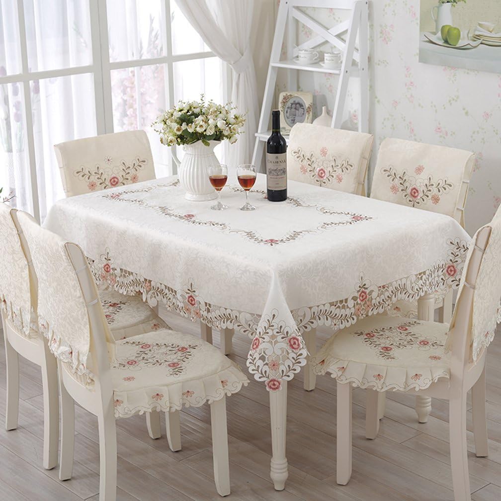 QXFSMILE Embroidered Floral Fabric Classy Hand-cut Work Square Tablecloth White 52 By 52 Inch