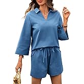 vinglam Women's Two Piece Outfts Linen Collar V Neck 3/4 Sleeve Blouses and Drawstring Shorts Sets with Pockets