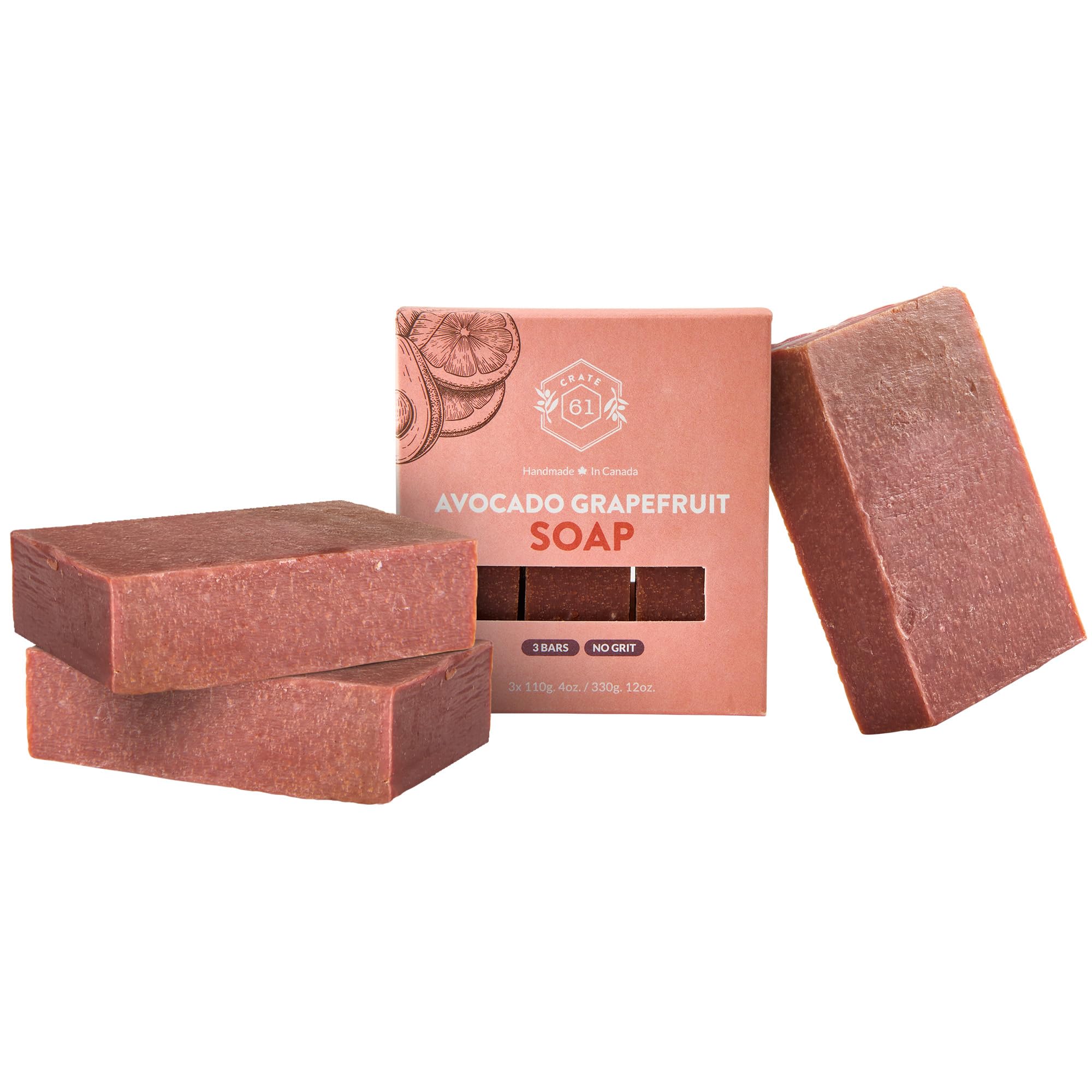 Crate 61, Handmade Vegan Natural Bar Soap Cold Pressed For Face And Body, With Premium Essential Oils, For Men And Women 3 Pack (Grapefruit)