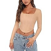 REORIA Womens Trendy Sexy Square Neck Long Sleeve Backless Y2K Going Out Boned Bustier Corset Crop Tops