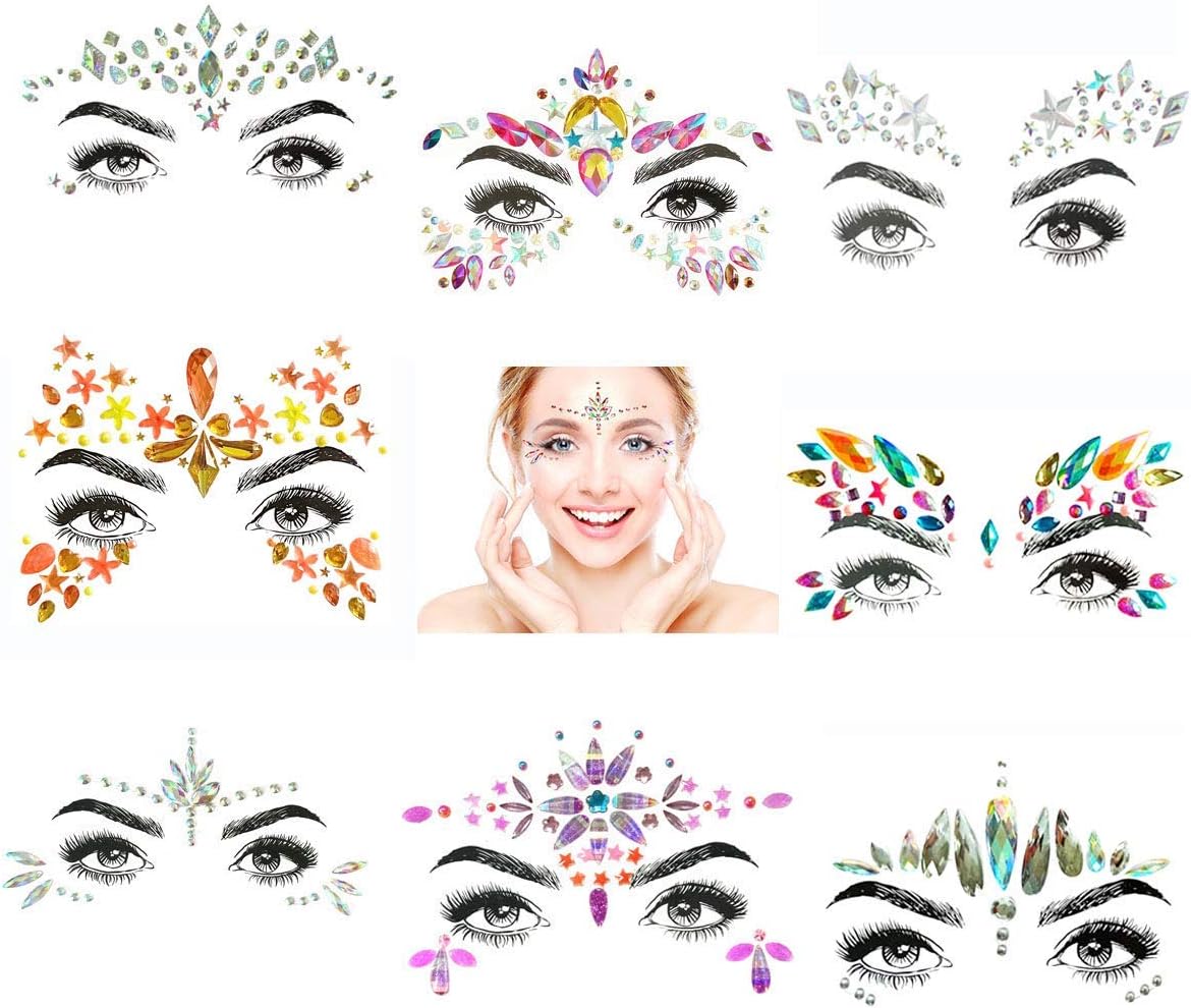 SHINEYES 8 Set Mermaid Face Gems Glitter,Rhinestone Rave Festival Face Jewels,Crystals Face Stickers for Eyes Face Body Temporary Tattoos (Collection 05)