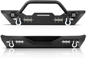 PEFORWAY Front Rear Bumper Set compatible with Jeep Wrangler JK & Unlimited 2007-18 2/4 Door,Off Road Bumper Combo with Winch Plate, Heavty Duty Bumpers w/Lights & 2-rings Shackles