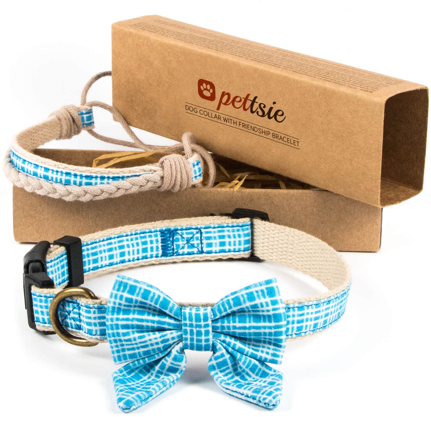 Pettsie Matching Dog Bow Tie Collar & Owner Bracelet, Adjustable for Small & Medium Dogs, Stylish & Durable, Soft Hemp Material, S, Light Blue