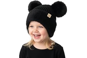 Funky Junque Kids Beanie with Earflaps Faux Fur Double Pom Pom, Warm Winter Beanies for Girls, Toddlers, Children Ages 1-6
