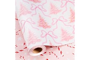 Burymento Christmas Wrapping Paper, Pink Bow Christmas Tree Design Gift Wrapping Paper Suitable for Holiday, Mini Roll (17 Inch X 32.8 Feet)