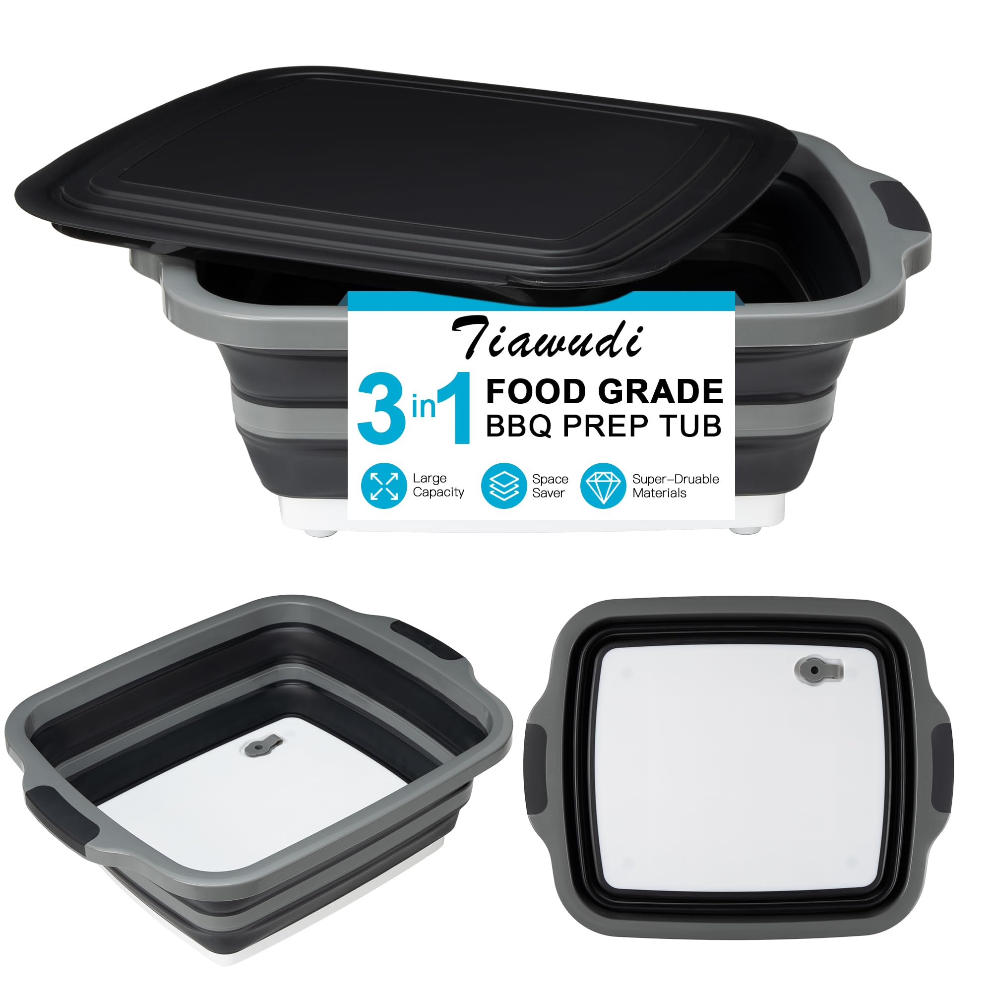 Tiawudi Large Collapsible BBQ Prep Tub with Lid(4.22 Gal/16L), Foldable Camping Sink with Colander, Cutting Board, Dish Basin for Kitchen, Bowl, Vegetable and Fruit, Storage Basket for Picnic Image
