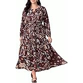 TIYOMI Women's Plus Size Fall Maxi Dresses 2025 Casual V Neck Button Drawstring Long Sleeve A Line Floral Boho Dress Pockets