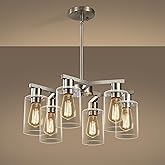 Kvaeavn 6-Light Modern Farmhouse Brushed Nickel Chandelier, Dining Room Light Fixture Over Table Adjustable Height Hanging In