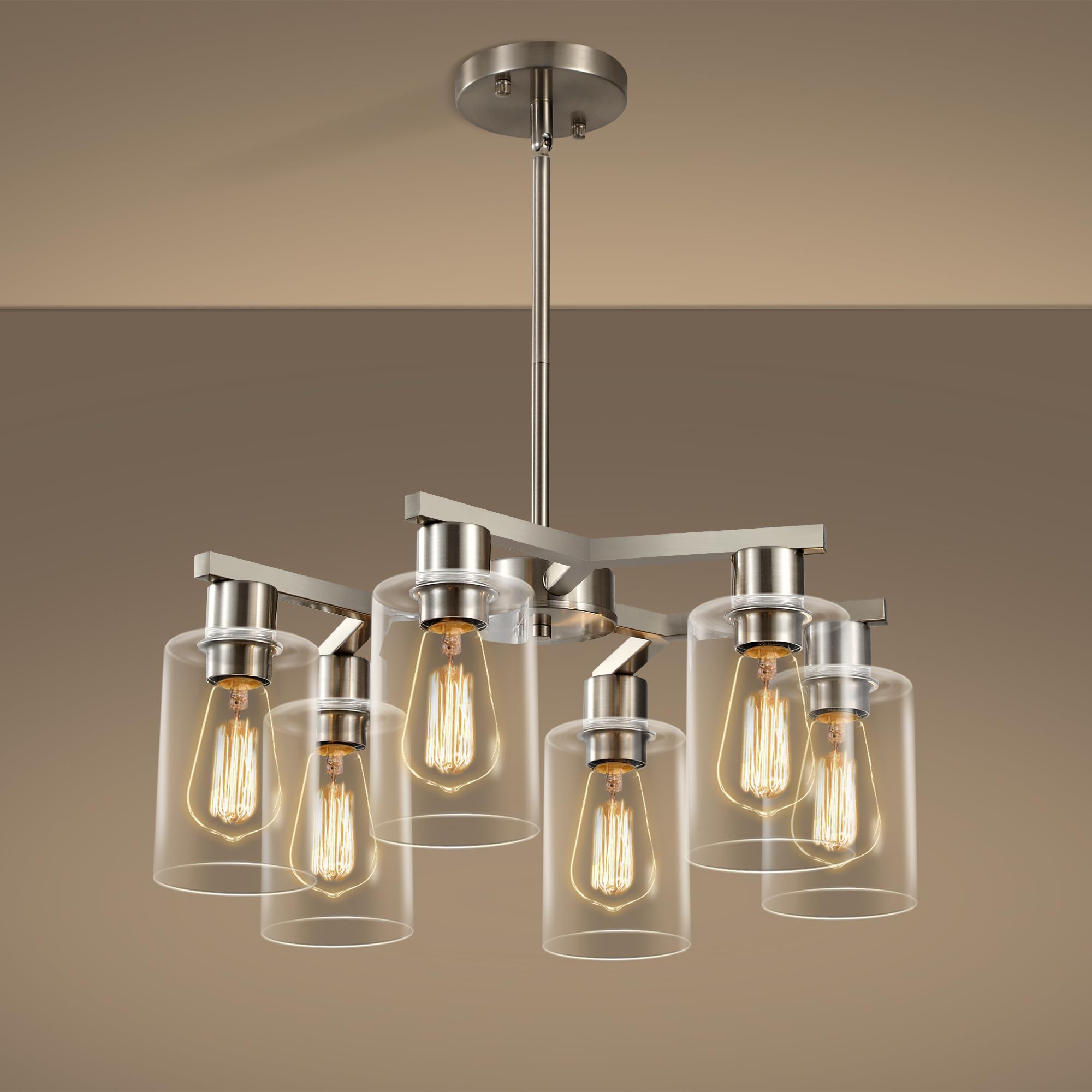 View 1 of ***ONLY REFERENCE*** SIMILAR NKvaeavn 6-Light Modern Farmhouse Brushed Nickel Chandelier, Dining Room Light Fixture Over Table Adjustable Height Hanging Industrial Pendant Lights Kitchen Island, Clear Glass Shade