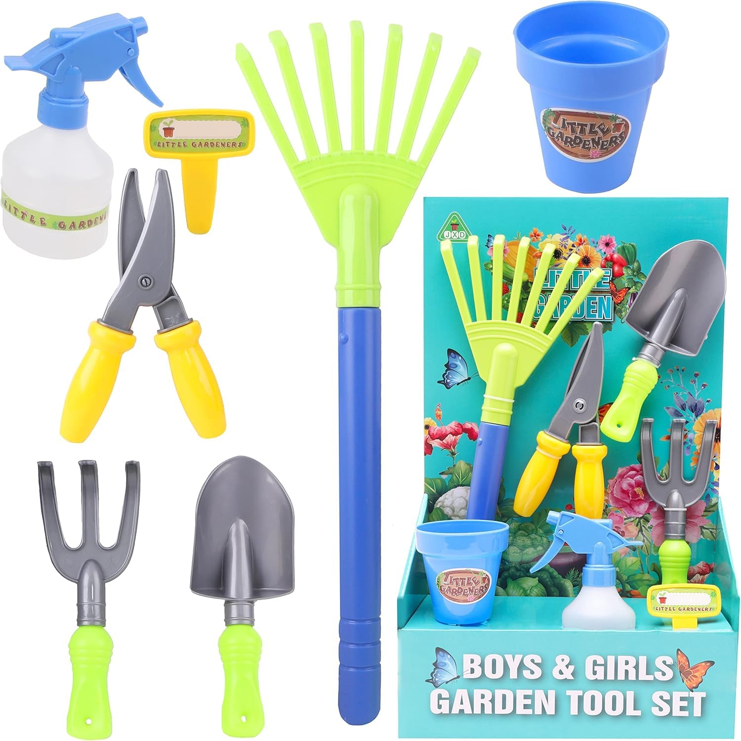 Toyland® Little Gardeners 7 Piece Gardening Tool Set- Includes: 1 x Water Sprayer, 1 x Plant Pot, 1 x Plant Tag & 4 x Gardening Tools – Outdoor Garden Toys