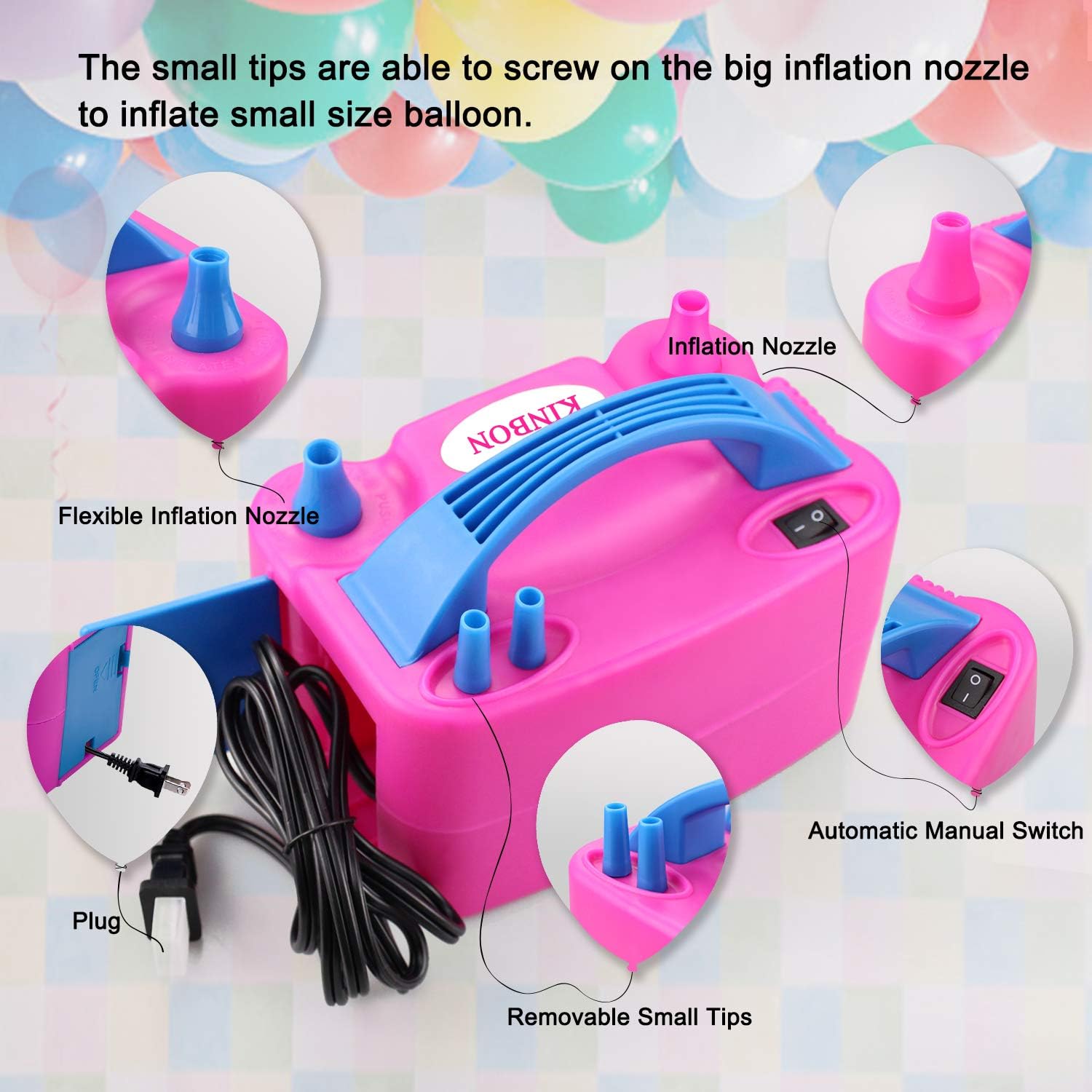 160 Pcs Balloon Pump KINBON Electric Portable Dual Nozzle Electric air Balloon Blower Pump, Electric Balloon Inflator for Party Birthday Wedding Festival(Rose Red 110V 600W): Toys & Games