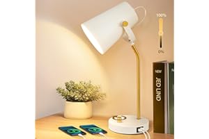 EJIAXIN Retro LED Desk Lamp with USB C+A Charging Ports, Dimmable Touch Bedside Reading Lamp Flexible Head, Vintage White Nightstand Table Lamp for College Dorm Room Bedroom Living Room Office, Bulb Included