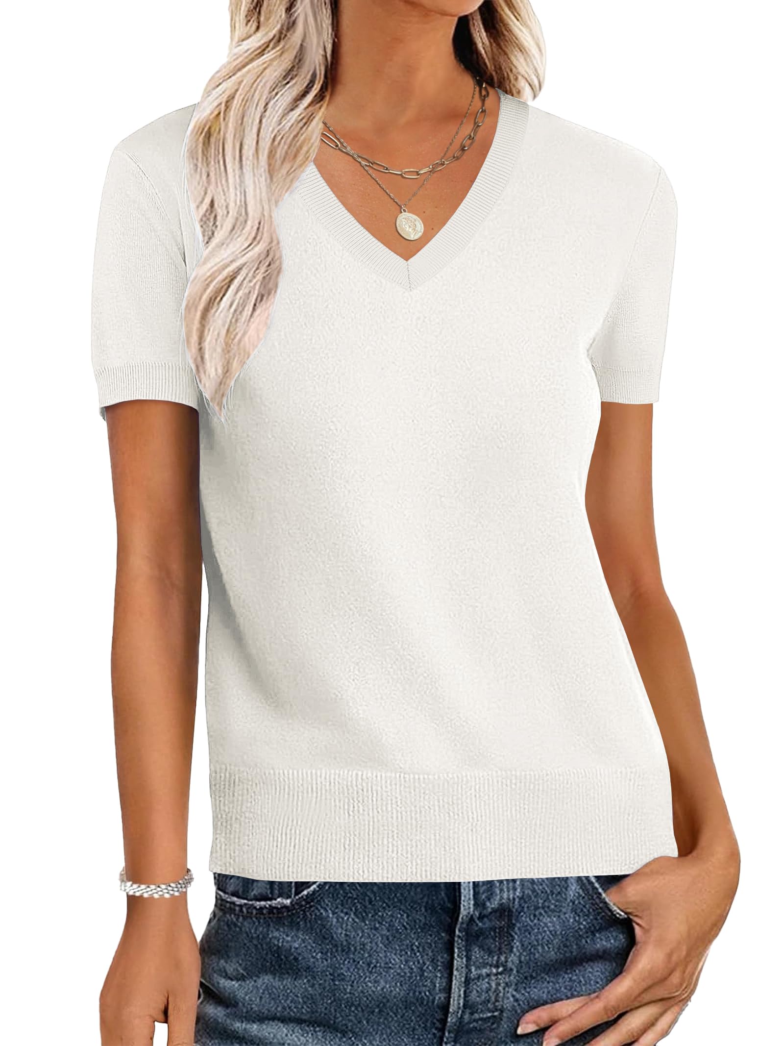 Photo 1 of (large) ANRABESS Women Wool Blend Sweater Summer 2026 Short Sleeve V Neck Pullover Top Business Casual Outfit Beach Vacation Clothes Beige White Large