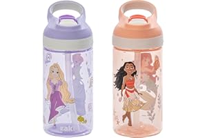 Zak Designs Disney Princess Atlantic Kids Water Bottle For School or Travel, 16oz Durable Plastic Water Bottle With Straw, Handle, Leak-Proof Spout Cover, 2-Pack (Ariel, Cinderella, Moana, Rapunzel)