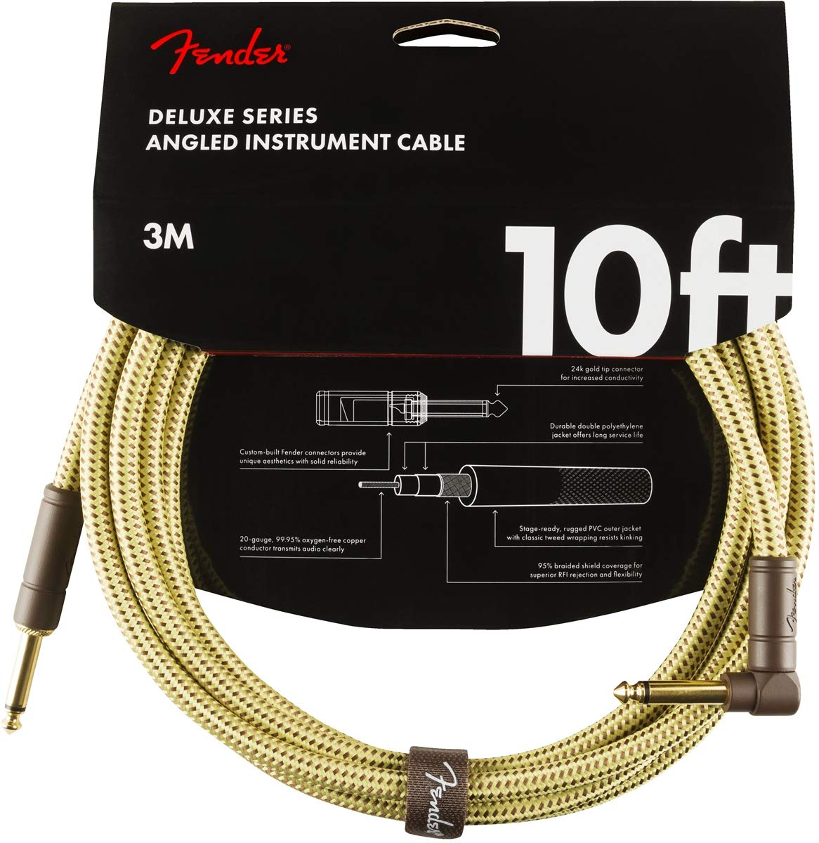 Fender Deluxe Series Instrument Cable 10ft ,3m, Braided Shielding and 24K Gold Plated Connectors for Lossless, Pure Sound, Straight,Angled Jack, Tweed