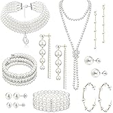 EIELO 16 Pcs Artificial Pearl Necklace Earrings Set for Women Simulated Pearl Bracelet Choker Faux Pearl Necklace Dangle Earrings Jewelry Set