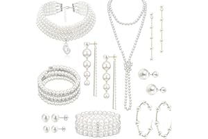 EIELO 16 Pcs Artificial Pearl Necklace Earrings Set for Women Simulated Pearl Bracelet Faux Pearl Necklace Dangle Earrings Jewelry Set