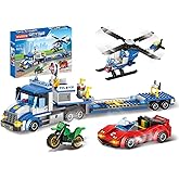 City Police Truck and Trailer Building Sets, Police Car with Tow Truck, Helicopter, Car, Motorcycle, Police Chase Building Bl