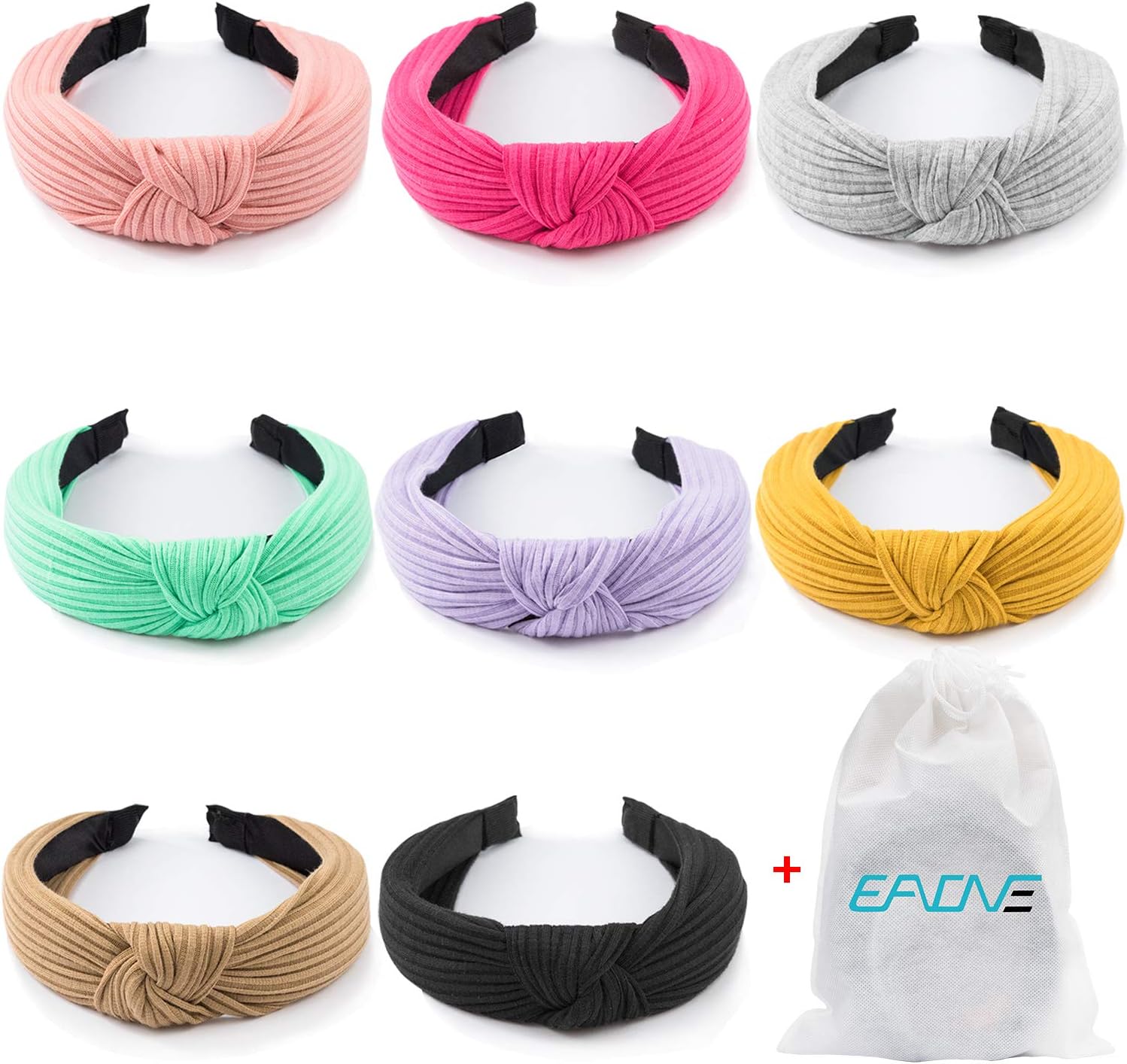 EAONE 8 Pieces Knot Headband, Knot Turban Headbands Knitted Elastic Wide Plain Headbands, Knotted Boho Headbands Hair Accessories for Women and Girls, 8 Colors, with 1 PC Pouch Bag