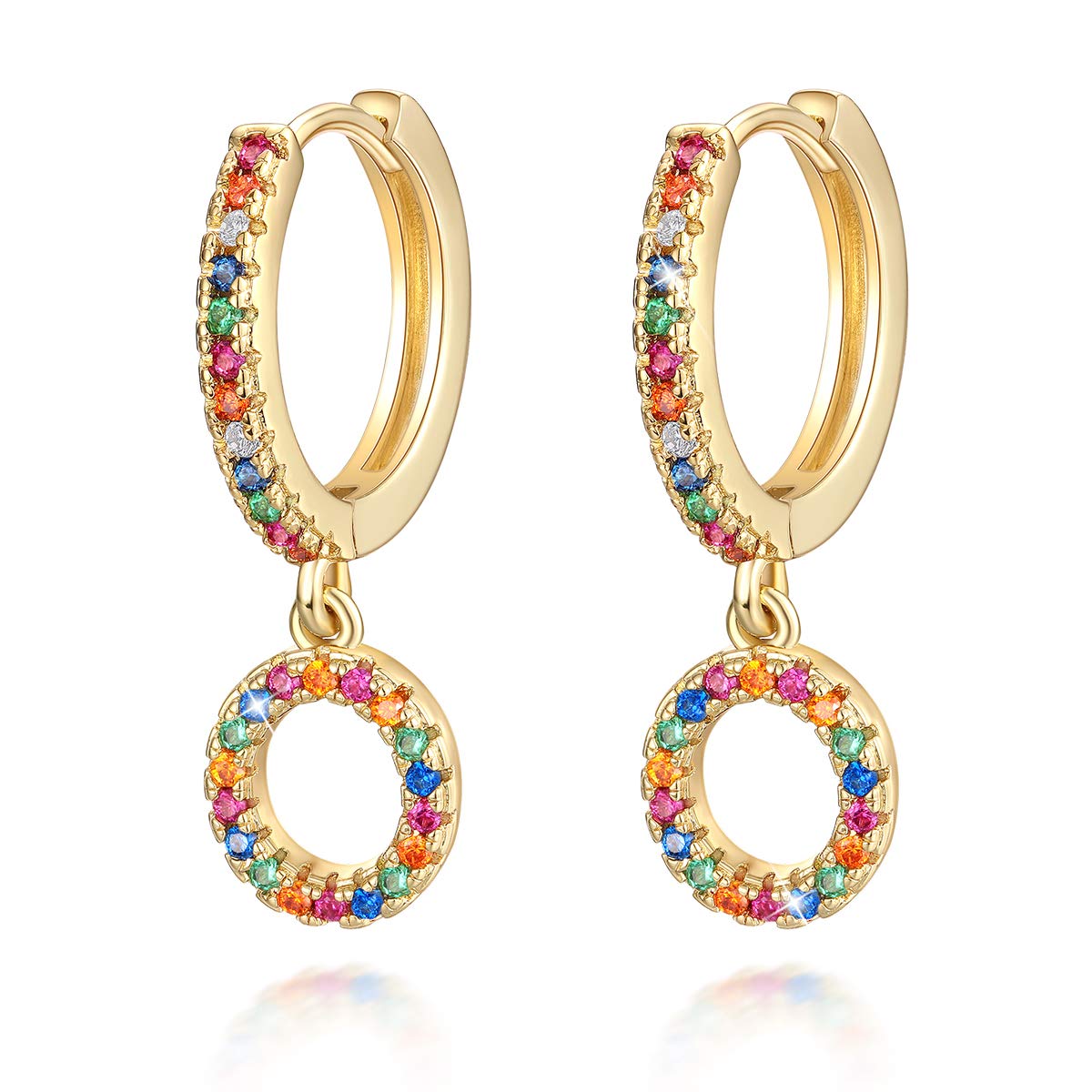 Initial Hoop Earrings for Women Girls 14K Real Gold Plated Colorful Cubic Zirconia Personalized Rainbow Letter O Huggie Earrings Jewelry Gift for Her