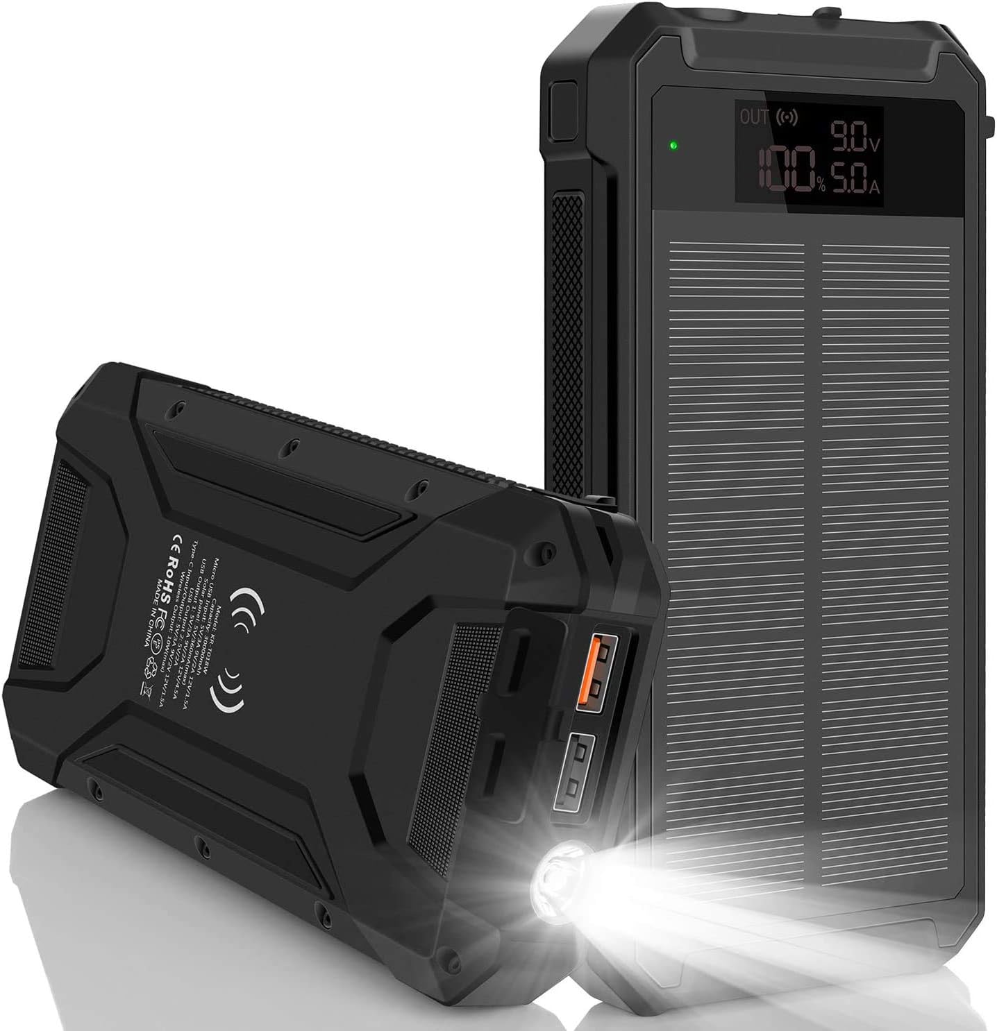 Solar Charger, 30000mAh 18W Fast Charge Type C LED Display Solar Power
