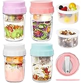 16oz Overnight Oats Jars, Yogurt Containers with Lids and Folding Spoons, 4 Pack Leak-Proof Wide Mouth Mason Jars Divided Compartments for Fruit & Nuts, Glass Jars with Measure Marks for Cereal Salad