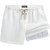 maamgic Mens Casual Linen Shorts 5/7 Inch Elastic Waist Drawstring Summer 2 in 1 Beach Short with Pockets