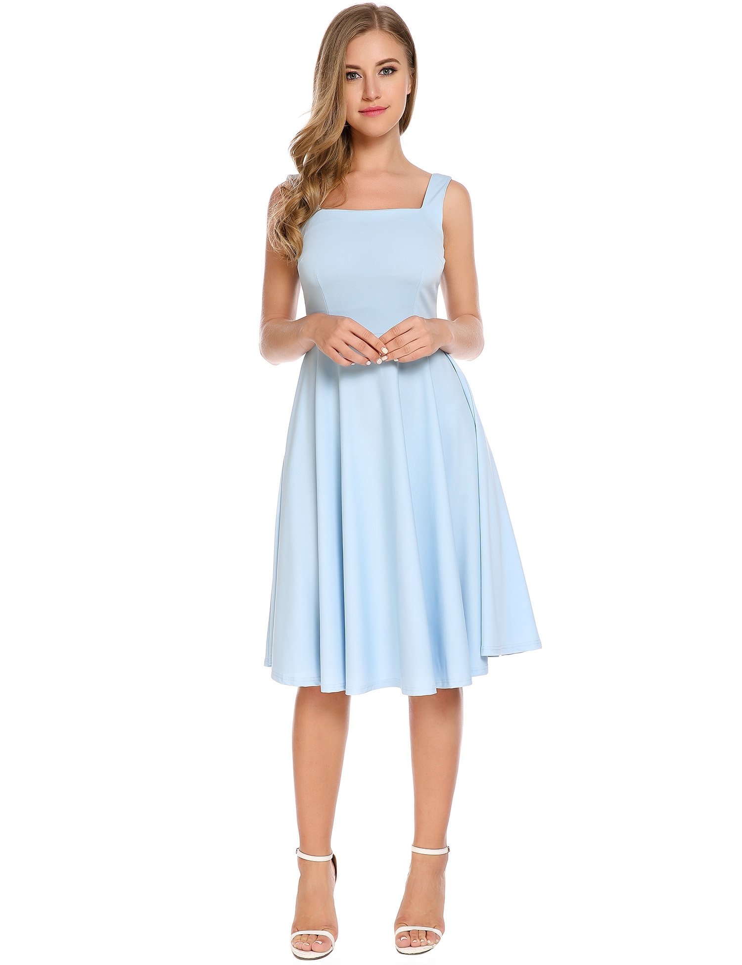 Zeagoo Women Casual Sleeveless Backless Tea Length Pleated Swing Dress