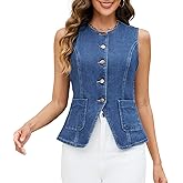 Ladyful Womens Denim Vest Top Sleeveless Jean vest Button Down Western Denim Waistcoat Suit Top