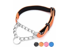 PUROAYET Martingale Dog Collars Adjustable Soft Nylon Reflective Collars with Stainless Steel Chain Walking Training Collars Heavy-Duty Puppy Chain Collars for Small,Medium,Large Dogs(Orange,M)
