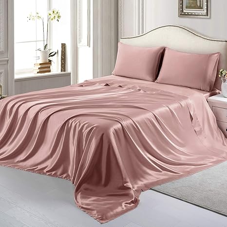 Amazon Com Rudonmg 4 Piece Pink Champagne Satin Sheets Full Size Satin Bed Sheets Set Silky Satin Sheet With 1 Deep Pocket Fitted Sheet 1 Flat Sheet 2 Pillowcases