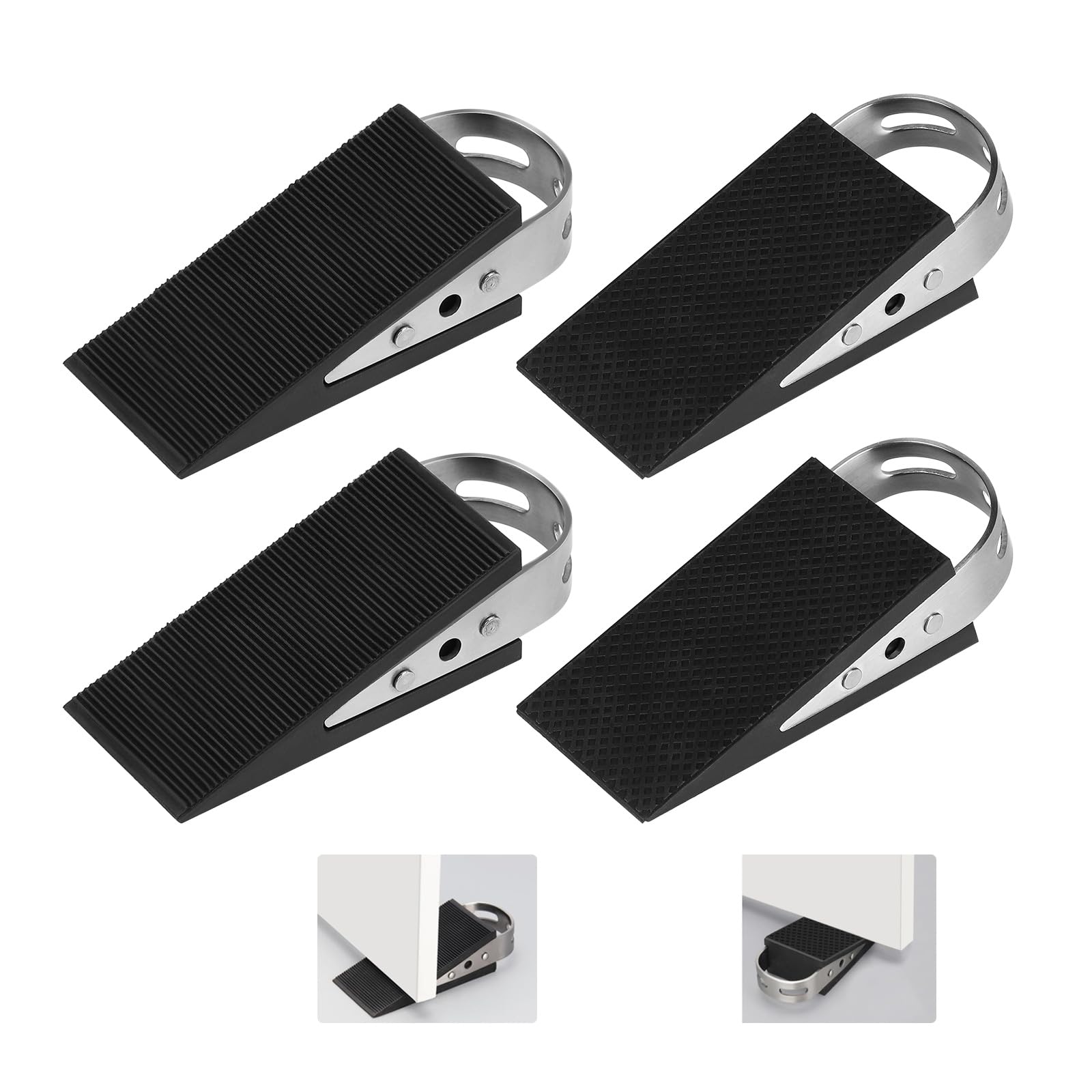 SUPAWAY Pack of 4 Door Wedge Rubber Door Stopper Wedge Mobile Door Buffer Black Door Protection Non-Slip Rubber Wedge with Stainless Steel Holders Scratch-Resistant Wedge for Bathroom, Balcony Door,