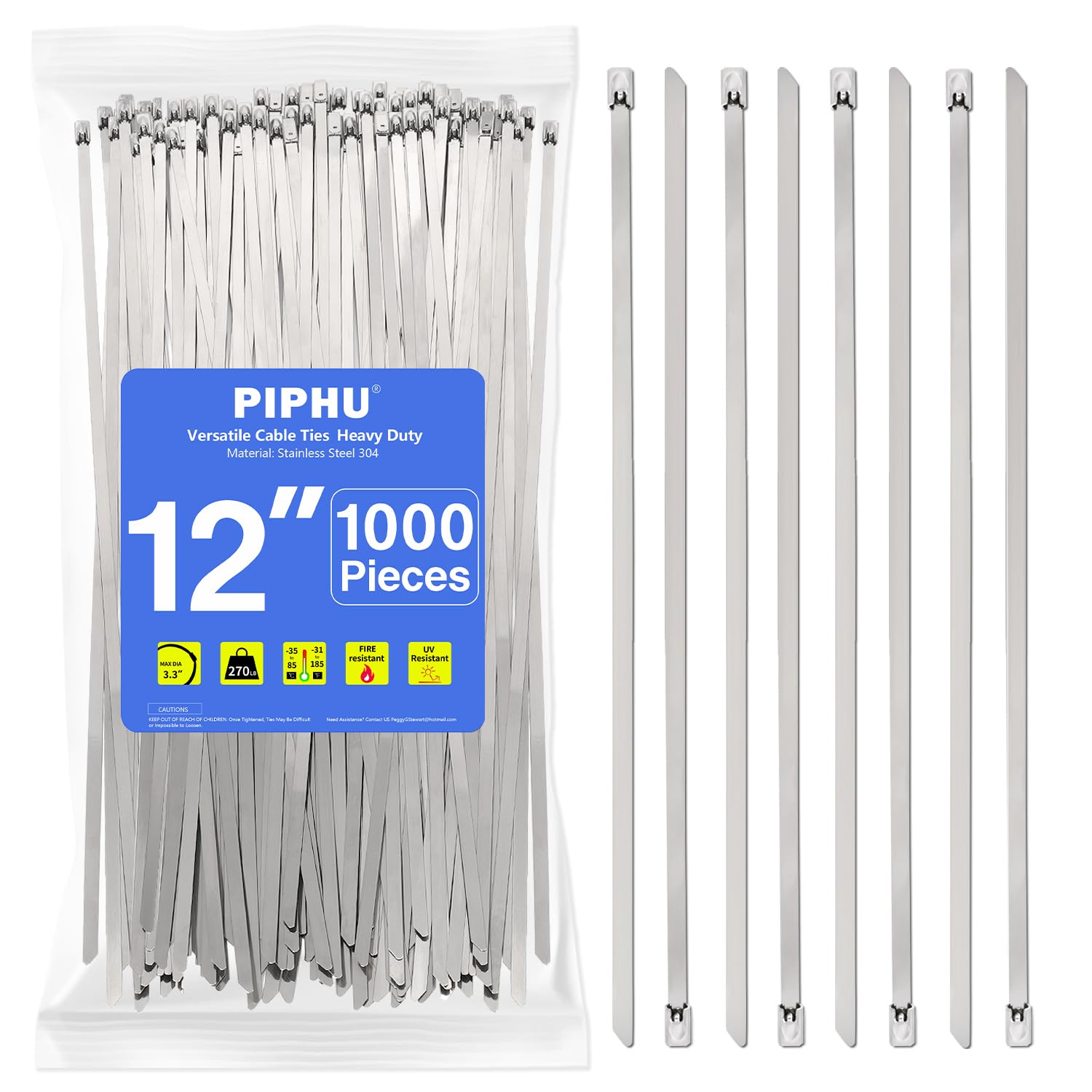 1000 Pack Metal Zip Ties 12 Inch 4.6mm UV Resistant Stainless Steel Metal Cable Ties 304 Heavy Duty Zip Ties Wide Load Capacity 270 lbs Suitable for Exhaust Wrapping Fence Outdoor Canopy