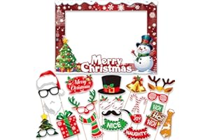HOLIWOER Christmas Photo Booth Props Party Decorations with Photo Frame, Christmas Party Selfie Accessories for Xmas Holiday Party Table Decor