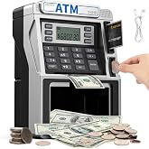 ATM Piggy Bank for Kids Rechargeable, Power-Off Memory | Debit Card, Coin Recognition, Bill Feeder, Balance Calculator for Real Money Safe, Kids ATM Machine for Boys Girls