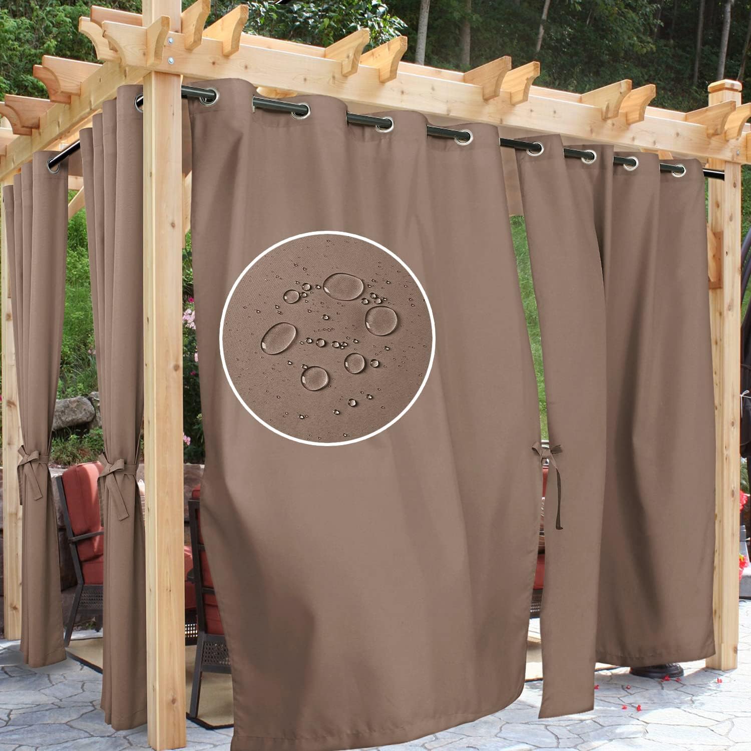 Outdoor Curtains - Hiasan Outdoor Curtains for Patio Waterproof, 54 x 96 inch - Privacy Grommet Outside Curtains for Gazebo/Porch/Pergola/Cabana, Single Panel and Sewn with 2 Tiebacks, Tan