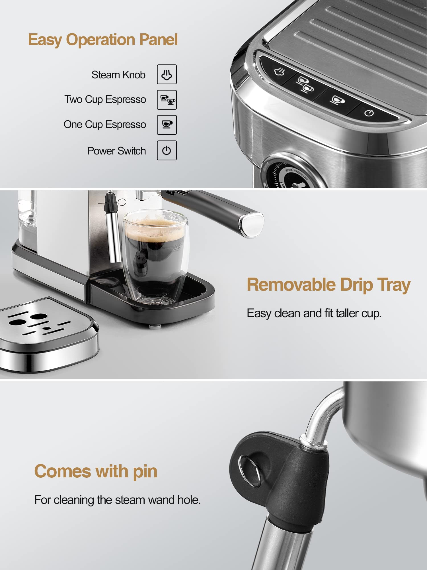 Yabano Espresso Machine, 15 Bar Fast Heating Espresso Coffee machine with Milk Frother Wand for Cappuccino, Large Water Tank, 1350W Automatic Espresso Latte Maker for Home
