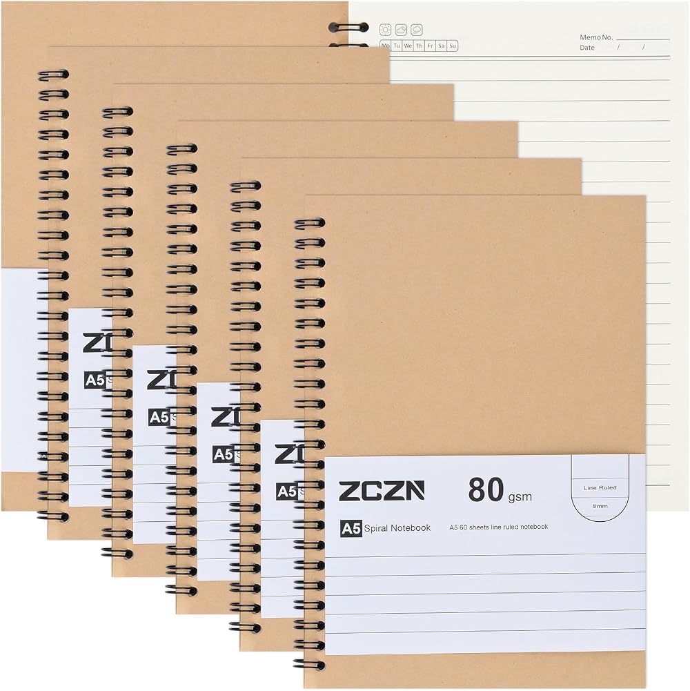 ZCZN A5 Lined Notebook 6 Pack Spiral 120 Pages 80gsm FSC Paper