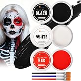 Halloween Makeup Kit with Brush, Black White and Red Face Body Paint(165g) | Cosplay Essential, Water-Activated, High Coverage, Long-Lasted, Easy Removal, SFX Effect, Create Vampire, Zombie, Clown Looks