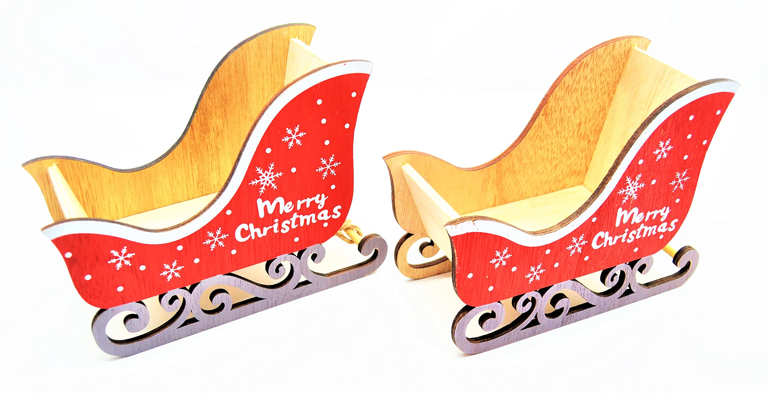 SERVICES 2 x Santa Claus Sledge Reindeer Stand Happy Small Gifts Nativity Decoration 18 cm 14 cm 8 cm Handmade Wooden