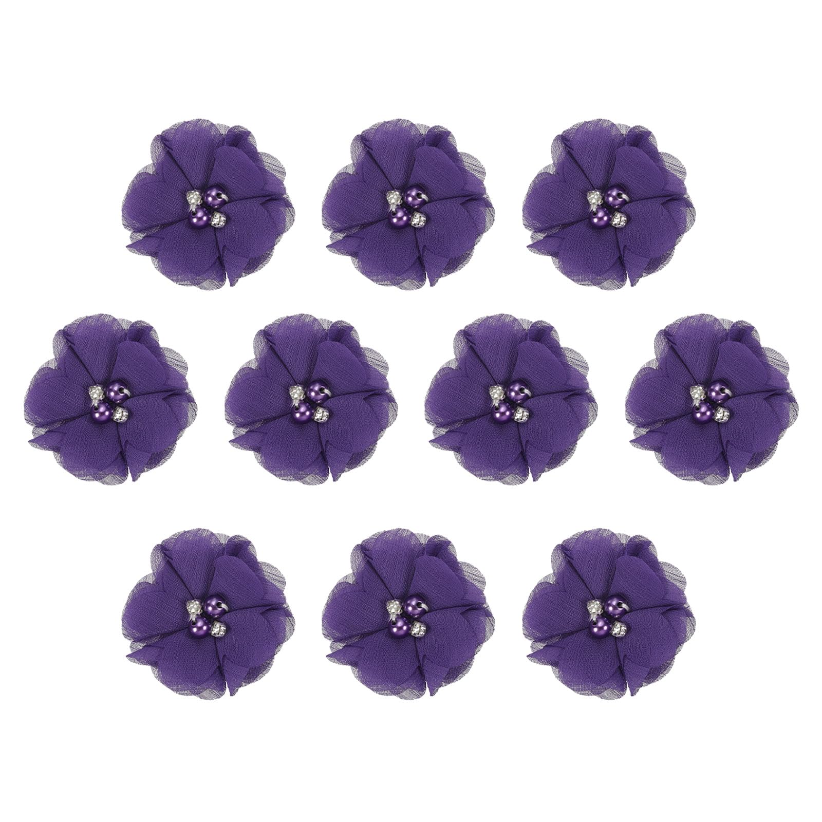 PATIKIL 2" Chiffon Flowers, 10Pcs Fabric Flowers Sewing Appliques Embellishments with Rhinestone Pearl for DIY Crafts Wedding Headbands Party Decoration, Dark Purple