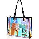 Aliceset Holographic Clear Tote Bag with Leather Handle Iridescent Bachelorette Beach Bag for Work Stadium Travel | with Leather Handle, Bachelorette, Beach Bag, for Work, Stadium, Travel