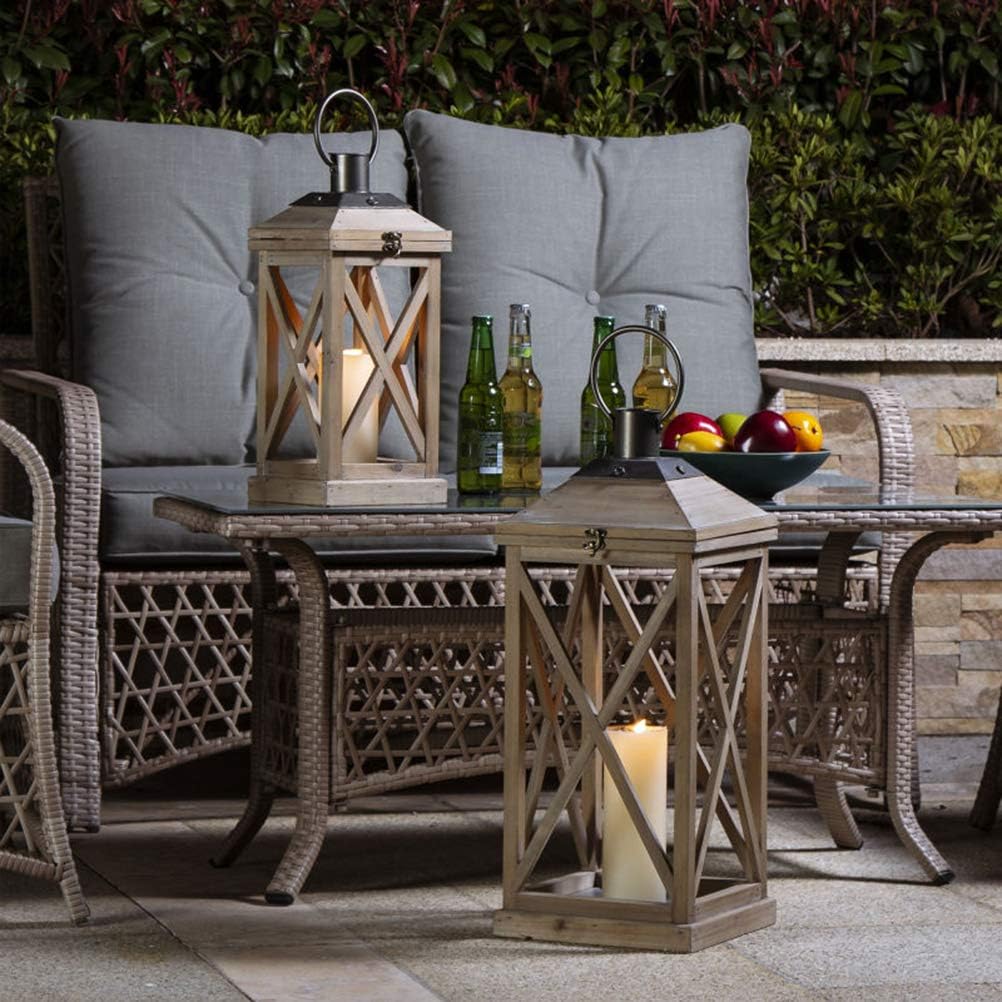 Glitzhome Mondern Farmhouse Wood Metal Lanterns Decorative Hanging Candle Lanterns Set of 2, Grey (No Glass): Kitchen & Dining