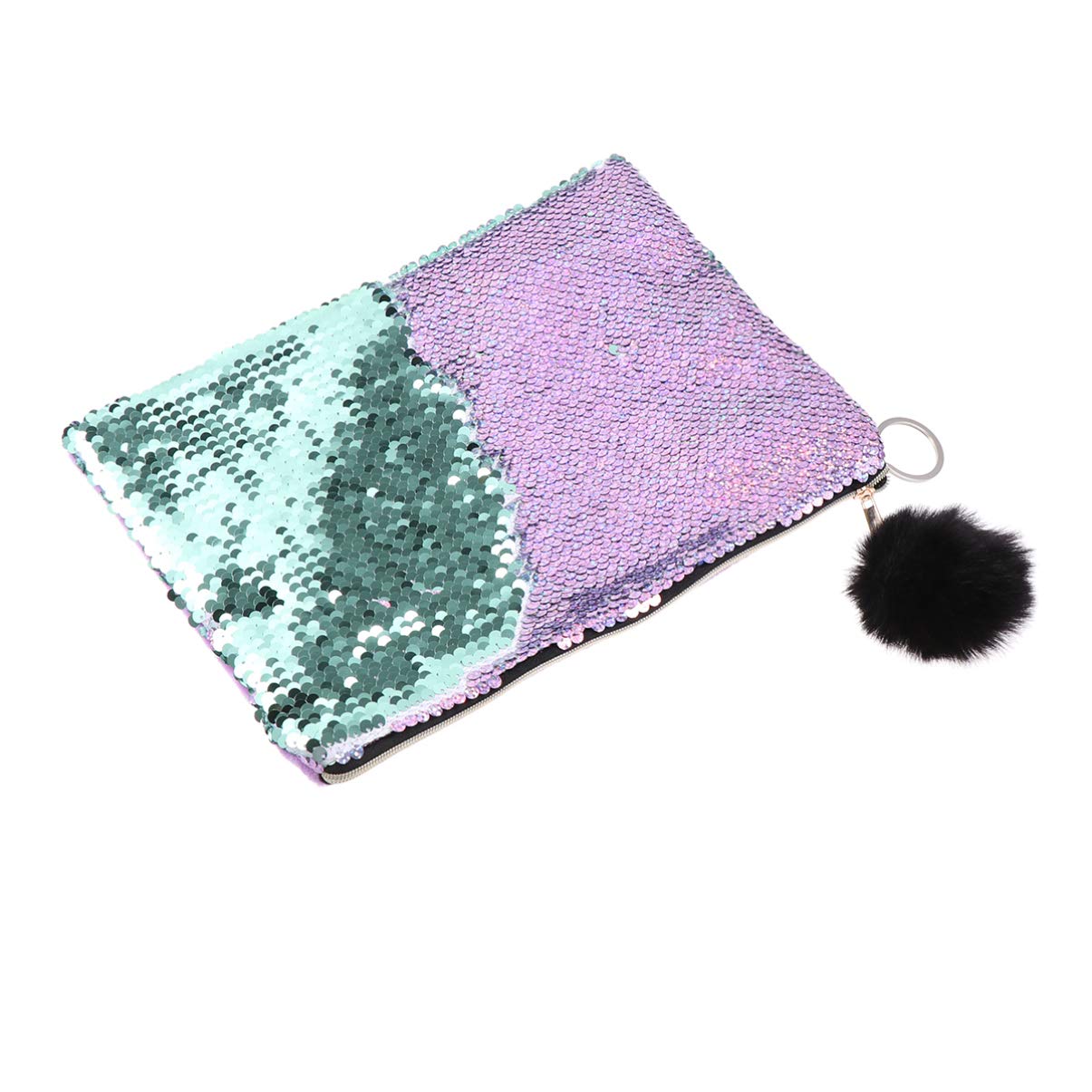 minkissy Sequin Make Up Bag Mermaid Mini Cosmetic Bag Glitter Pen Pencil Pouch with Pompom Ball for Women Girls(Fancy Purple and Light Green)