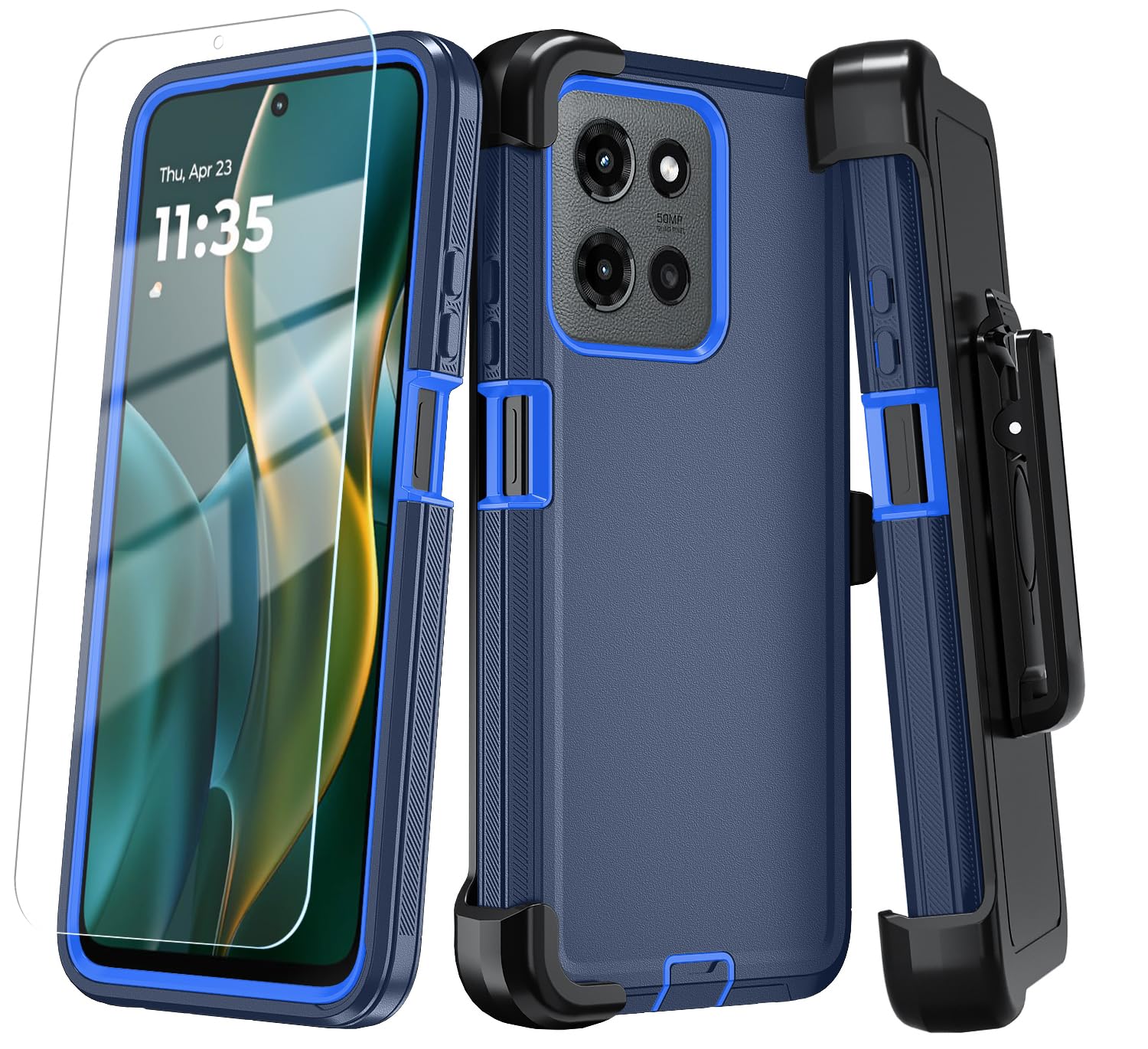 Qinmay Phone Case for Motorola Moto G 2025/Moto G Play 5G 2025 Case with HD Screen Protector, Heavy Duty Shockproof & Dropproof 3-Layer Cover Phone Case,BeltClip_DarkBlue
