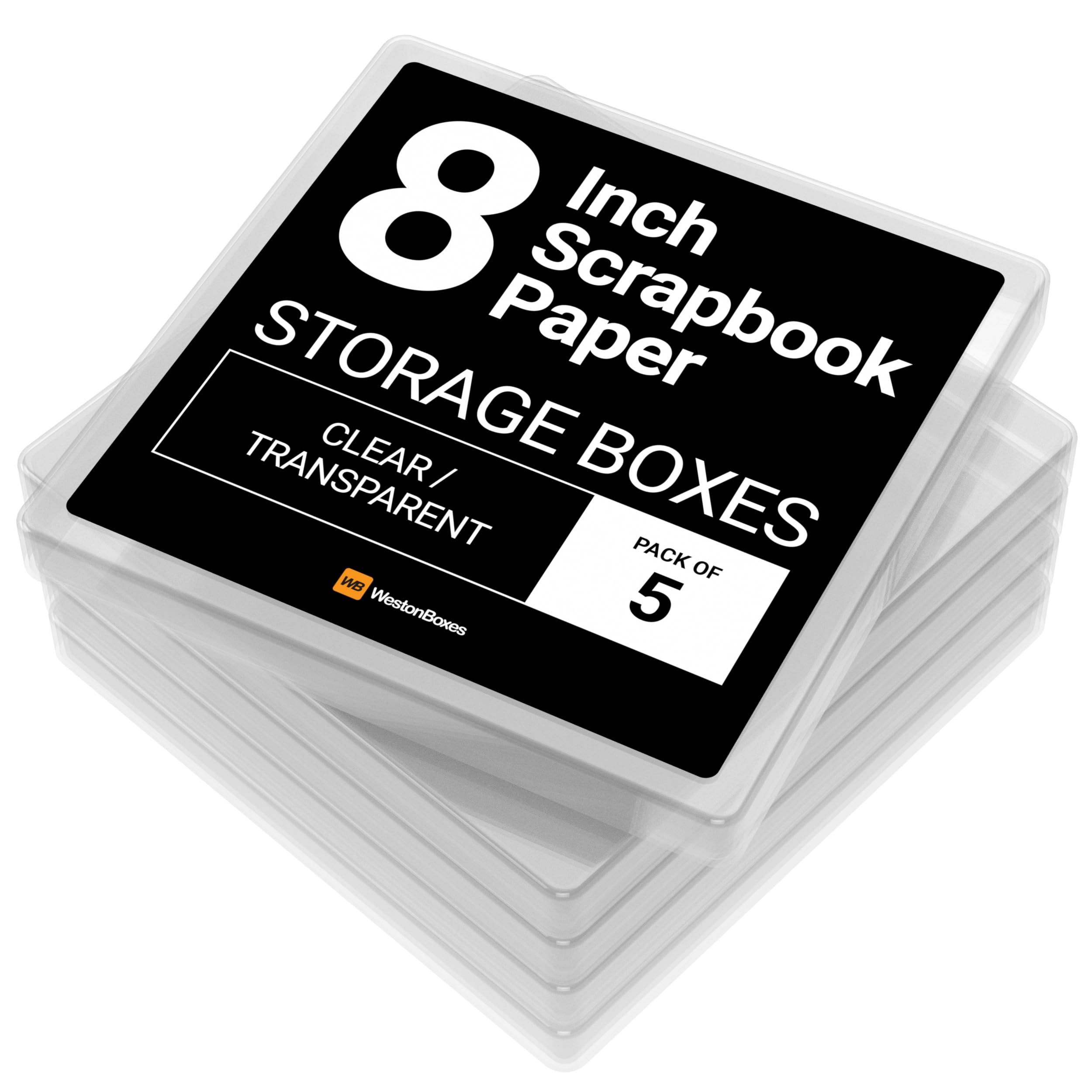 WestonBoxes Scrapbook Paper Pad Storage Box for 8" x 8" inch Card perfect for protecting expensive Origami and Craft Paper (Transparent, 5-pack)
