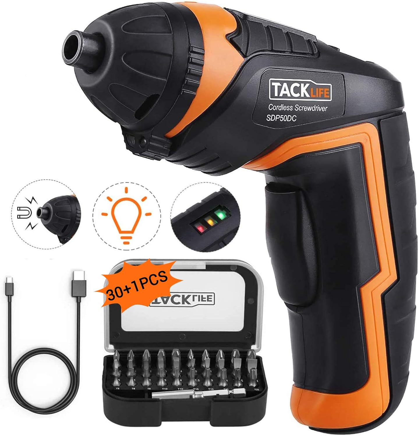 TACKLIFE Electric Screwdriver, 3.6V MAX Cordless Screwdriver, 2.0Ah Li-ion with Battery Indicator, 31 Free Accessories, USB Rechargeable, Lightweight and Easy for Small Home Projects-SDP50DC: Home Improvement