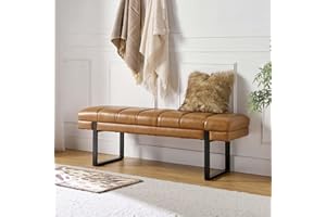 HULALA HOME 53" Button Tufted Ottoman Bench Faux Leather Upholstered Bedroom Bench Padded End of Bed Bench with Metal Base Mid-Century Dining Table Bench Long Shoe Bench for Living Room Entryway,Camel